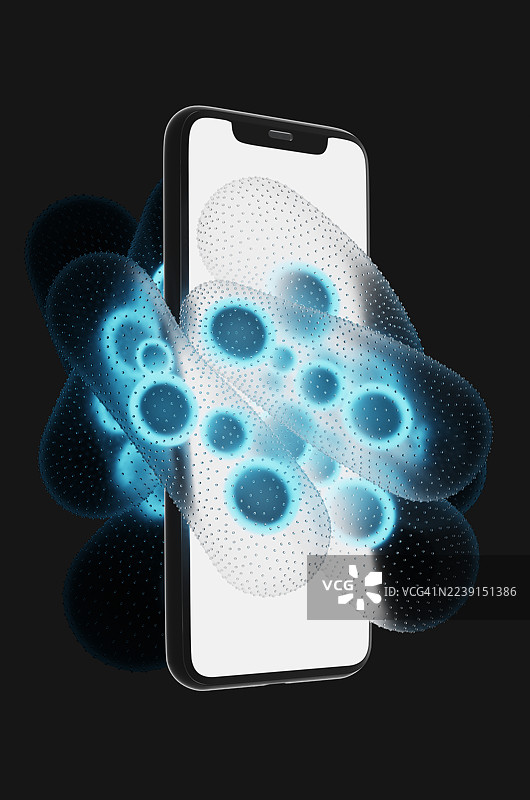 黑色背景上，被发光蓝色细菌环绕的智能手机特写图片素材