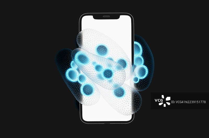 黑色背景下，环绕着发光蓝色细菌的智能手机特写图片素材