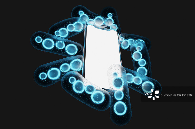 黑色背景下，被发光蓝色细菌包围的智能手机特写图片素材