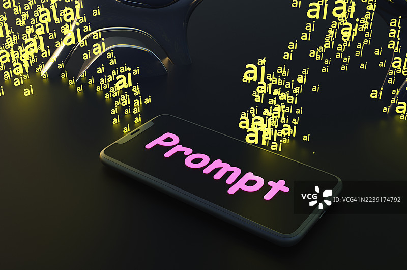 黑色背景上，智能手机屏幕上的PROMPT文字被玻璃形态的发光AI字母环绕。图片素材