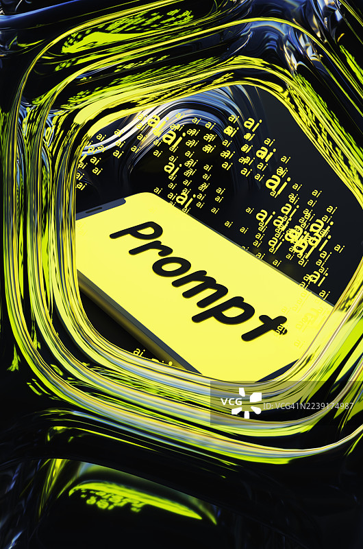 背景为黑色，智能手机屏幕上显示着文字，周围环绕着由玻璃构成的发光AI字母。图片素材