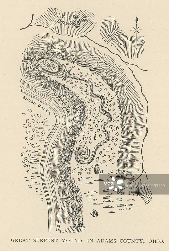 俄亥俄州亚当斯县古代蛇形丘陵的旧雕刻插图。图片素材