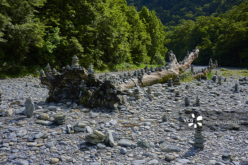 石头艺术般地堆叠在倒下的树干和河床上，周围是茂密的森林，位于新西兰南岛阿斯帕林山国家公园的哈斯特地区，鬼瀑。图片素材