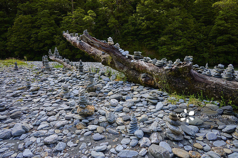 新西兰南岛亚斯派林山国家公园哈斯特方尾瀑布，河床和倒下的树干上艺术般堆叠的石头，周围是茂密的森林图片素材