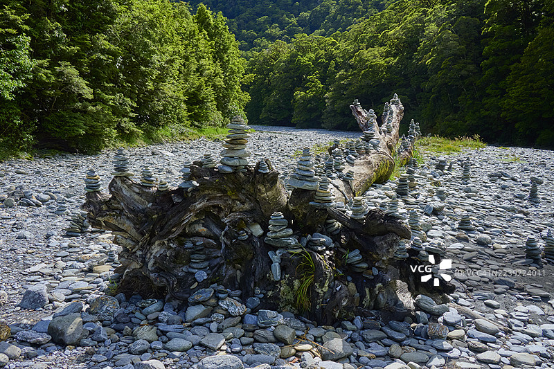 石块被艺术般地堆叠在倒下的树干和河床上，周围是茂密的森林，位于新西兰南岛亚斯匹林山国家公园的哈斯特地区，芳尾瀑布（Fantail Falls）。图片素材