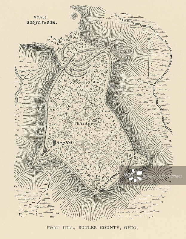 美国堡垒山土方工程的旧蚀刻平面图插图——堡垒山工程，俄亥俄州汉密尔顿附近的一个注册历史遗址图片素材
