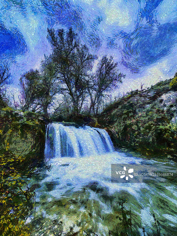 油画效果，带有巨大瀑布的风景。图片素材
