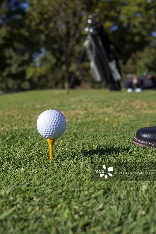 阳光明媚的球场上高尔夫球杆的特写图片素材