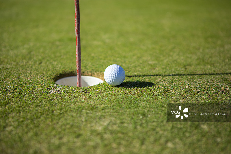 阳光明媚的球场上的高尔夫球杆特写图片素材