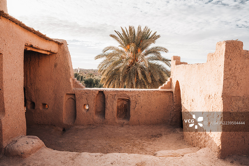 摩洛哥古老的泥砖建筑与一棵椰枣树。图片素材