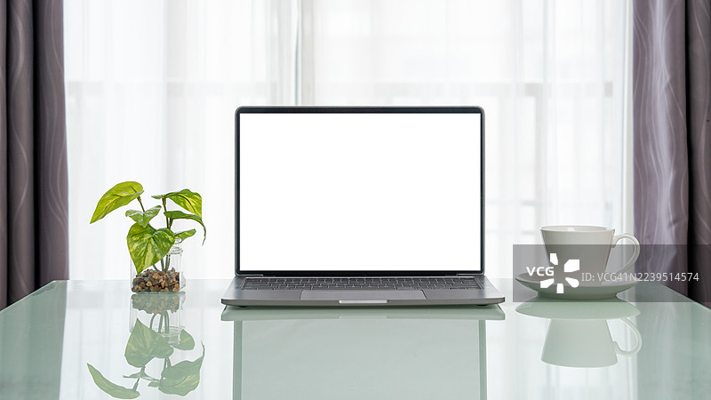 带咖啡杯和盆栽植物的笔记本电脑，放在极简风格的办公室房间的木制工作桌上，配有装饰品。 笔记本电脑带有白色空白屏幕，放在家里的桌子上。图片素材