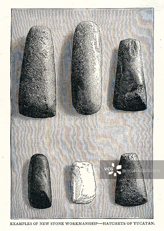 尤卡坦石斧旧雕版插图——新石器工艺的典范。图片素材