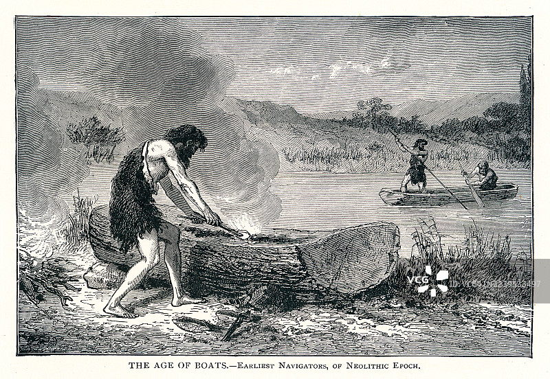 古老的雕刻插图，描绘了船只的时代——新石器时代的早期航海者。图片素材