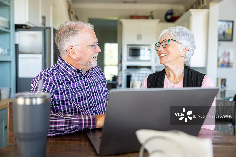 一对年长夫妇在电脑上研究，准备并开启周末度假之旅图片素材