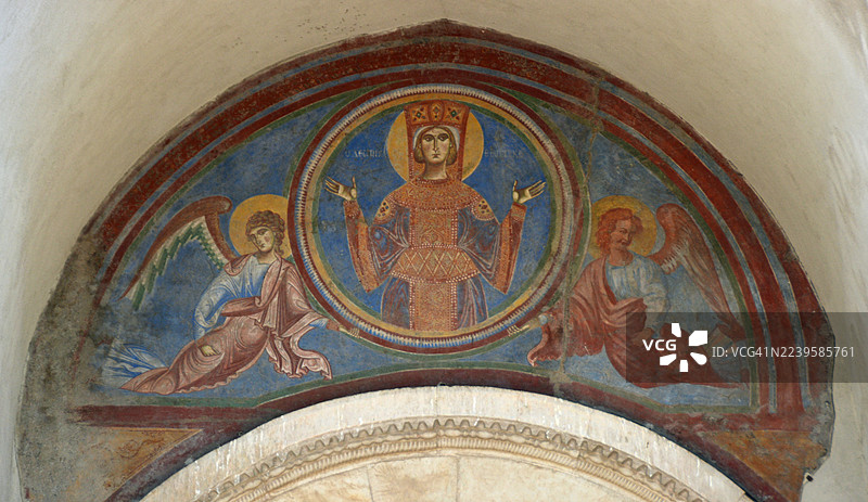 圣安杰洛因弗洛米斯修道院教堂 - 门廊 - 门上方壁画 - 圣母玛利亚图片素材