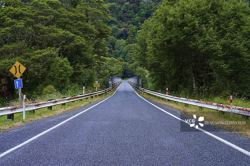 通往一座桥的绿色森林公路，位于新西兰南岛的亚斯派林山国家公园的哈斯特河哈斯特普莱森特弗拉特桥。图片素材
