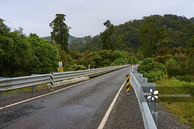 新西兰南岛西海岸哈斯特莫拉奇河上一座弯曲的道路，穿过茂密的森林通往林木繁茂的山丘。图片素材