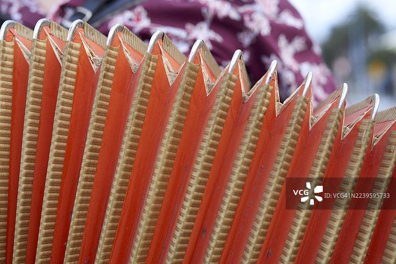 手风琴演奏者在演奏手风琴，其橙色风箱正在扩张。图片素材