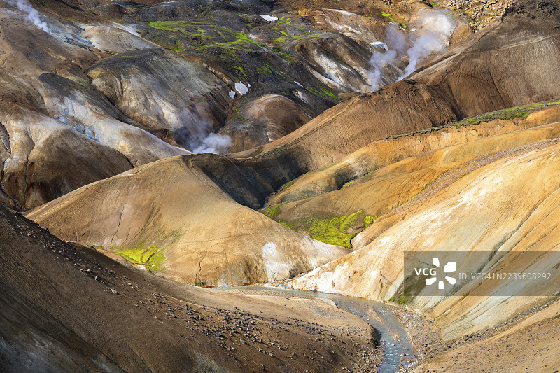 蒸汽温泉和色彩斑斓的流纹岩山，Hveradalir地热区，Kerlingarfjöll，冰岛高地，冰岛图片素材