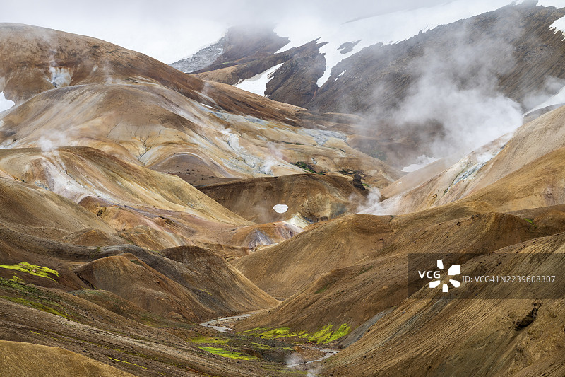 蒸腾的泉水和色彩斑斓的流纹岩山脉,Hveradalir 地热区,Kerlingarfjöll,冰岛高地,冰岛图片素材