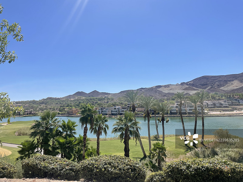 棕榈树、葱郁的草坪和远处的山峦环绕着宁静的湖泊，湖岸边坐落着现代房屋，天空湛蓝，景色优美。图片素材