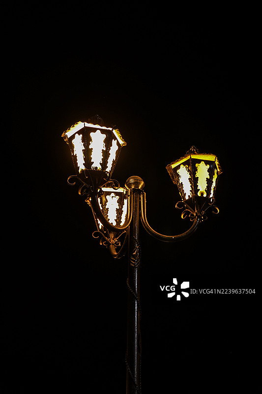 夜空中，低角度拍摄的华丽灯柱在灯光下投射出温暖的光芒。图片素材