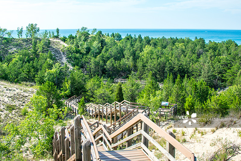 碧绿树木和木制楼梯通往宁静湖泊的风景，天空晴朗。图片素材