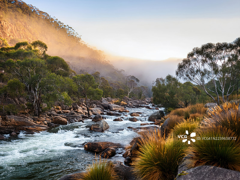 晨雾中的日光照亮了东吉普斯兰澳大利亚斯诺伊河国家公园内，一条岩石密布的河流穿过郁郁葱葱、树木繁茂的山谷。图片素材