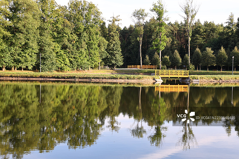 宁静的湖面倒映着郁郁葱葱的绿树和一座黄色的桥，天空晴朗，捕捉到了大自然的宁静，波兰，希维尔日尼埃茨（Zwierzyniec）图片素材