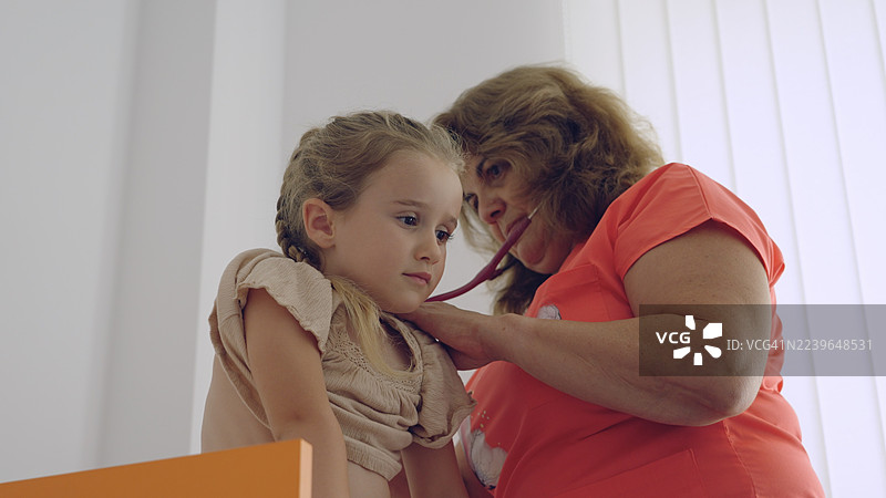 儿科医疗行动。儿童在医生办公室接受例行体检。图片素材