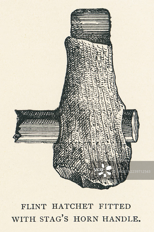 老式蚀刻插图，展示了一款装有鹿角手柄的燧石斧。鹿角安装件描绘了横向握把，是一种坚固的史前工具。图片素材