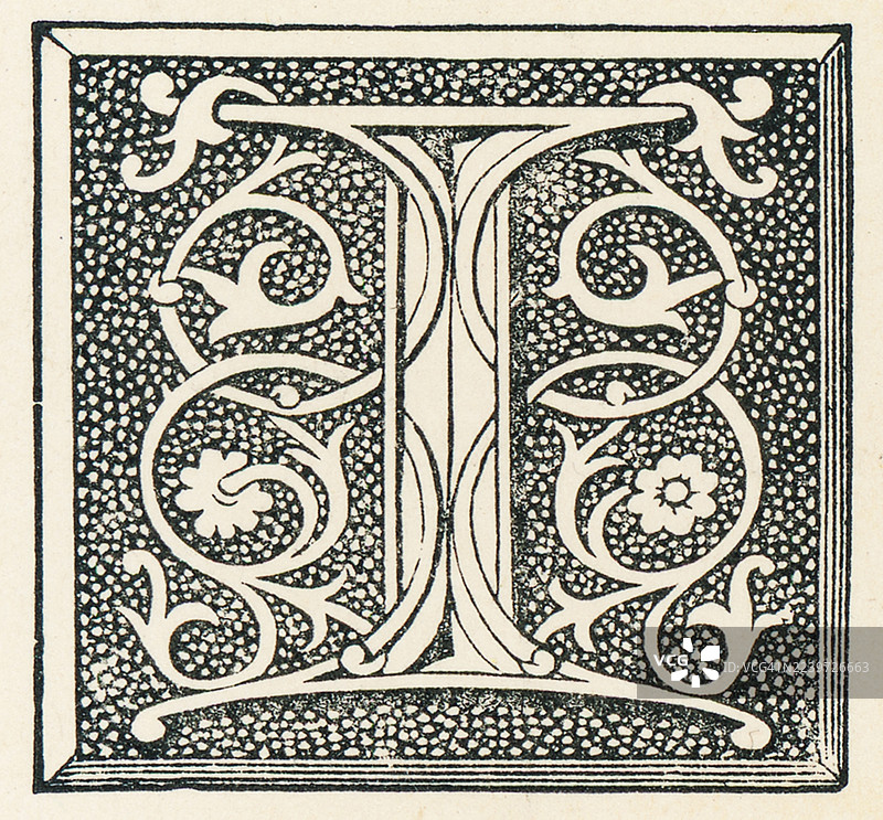 装饰性字母I的旧雕刻插图。华丽的大写首字母，带有叶形卷轴和边框。图片素材