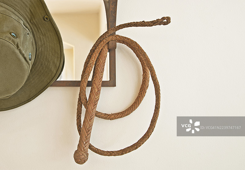 一顶旧帽子、一面铁框镜子和一条编织皮革牛鞭。图片素材