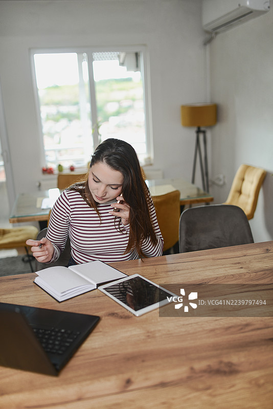女人在家里的办公室工作，使用笔记本电脑、平板电脑和手机打电话。图片素材