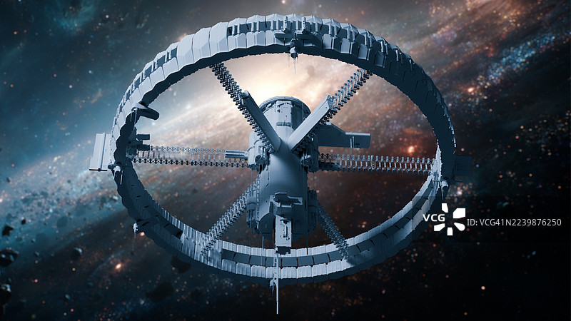 一颗色彩斑斓的星系中，一个未来主义的环形空间站的详细3D模型正在运行。图片素材