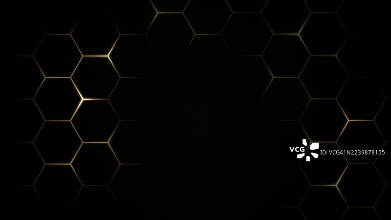 黑色背景上金色发光六边形图案。图片素材