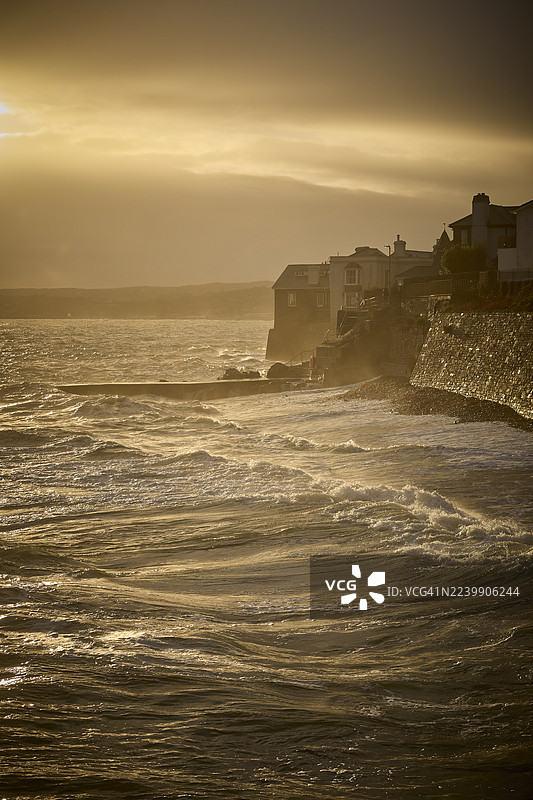 圣迈克尔山海岸，马齐恩，康沃尔，英格兰，英国，日落时分图片素材
