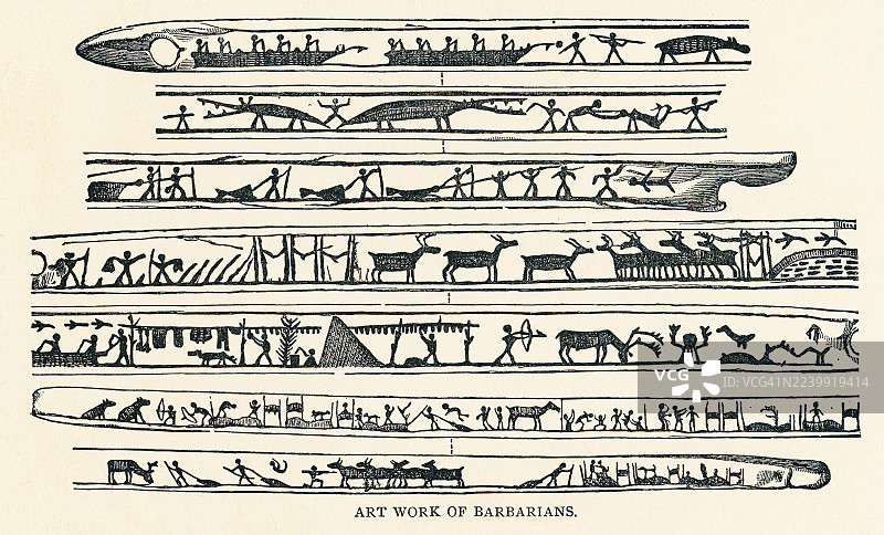 古老的手绘插图，描绘了野蛮人的艺术作品。雕刻的场景排成行，展示了狩猎、船只、驯鹿和日常生活——简单的人物和动物在条带中重复出现。图片素材