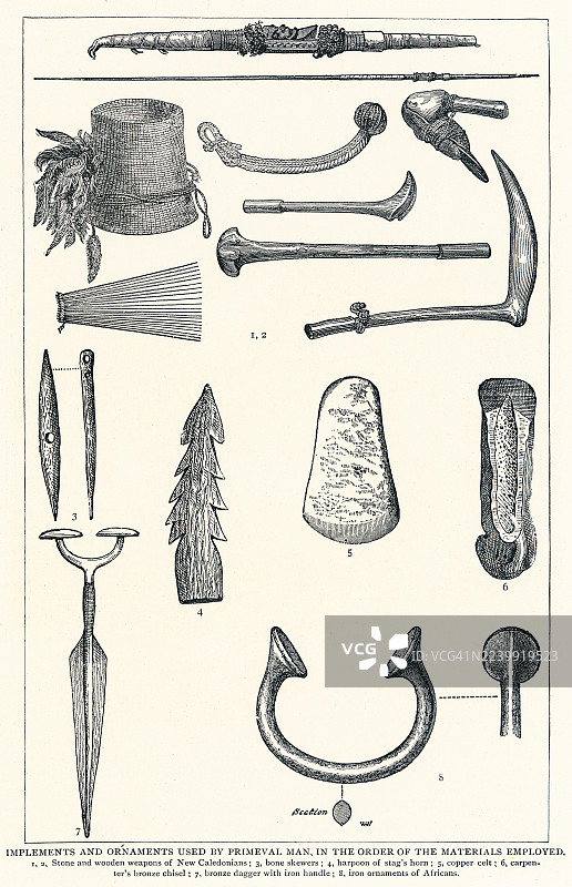 原始人类使用的工具和装饰品的旧版雕刻插图。图版以编号行展示了武器、工具和珠宝——出现了木、骨、石、铜和青铜。图片素材