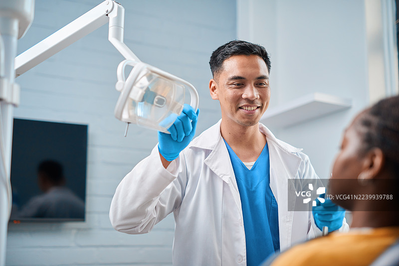 今日，一位亚洲牙医在现代诊所用牙科灯检查一位年轻的黑人患者，进行例行检查。图片素材
