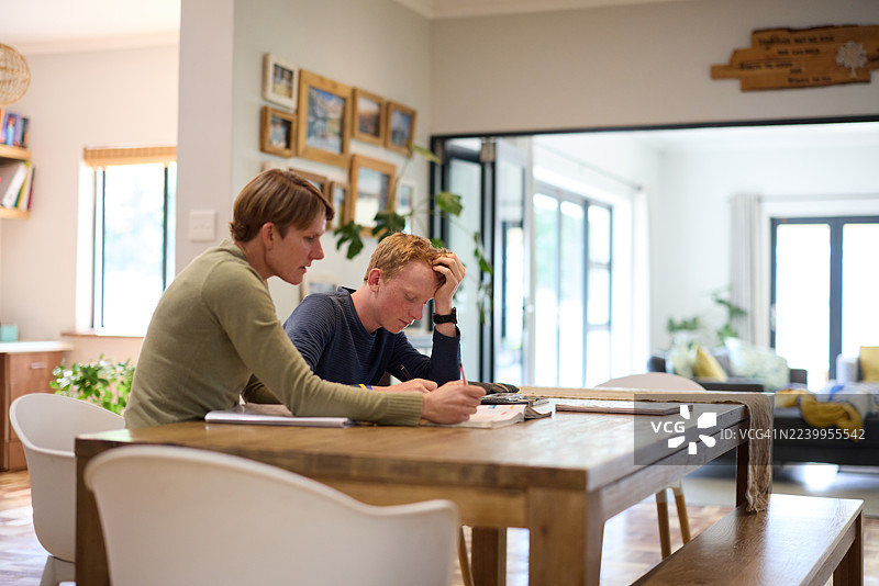 一位母亲在舒适的家中，于餐桌旁辅导儿子做功课图片素材