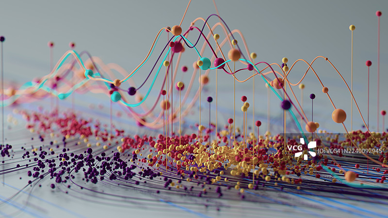 网格背景上带有抽象波浪图和彩色圆点的充满活力的信息可视化图片素材