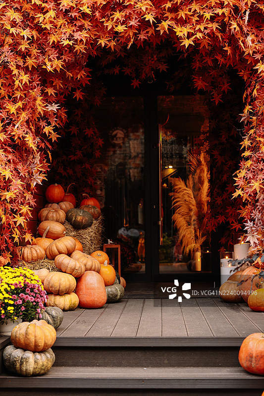 秋季室内外装饰概念，咖啡馆窗户装饰有树叶和南瓜图片素材