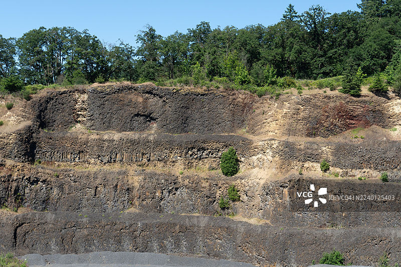 哥伦比亚河玄武岩群的熔岩流在地质采石场壁上暴露，位于俄勒冈州圣海伦斯图片素材