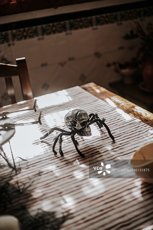 万圣节装饰，以蜘蛛腿的骷髅为特色。场景融合了恐怖与创意，营造出黑暗诡异的氛围和精致的设计，非常适合节日宣传、主题派对、艺术项目、生活方式博客以及以万圣节装饰为主题的市场营销。图片素材