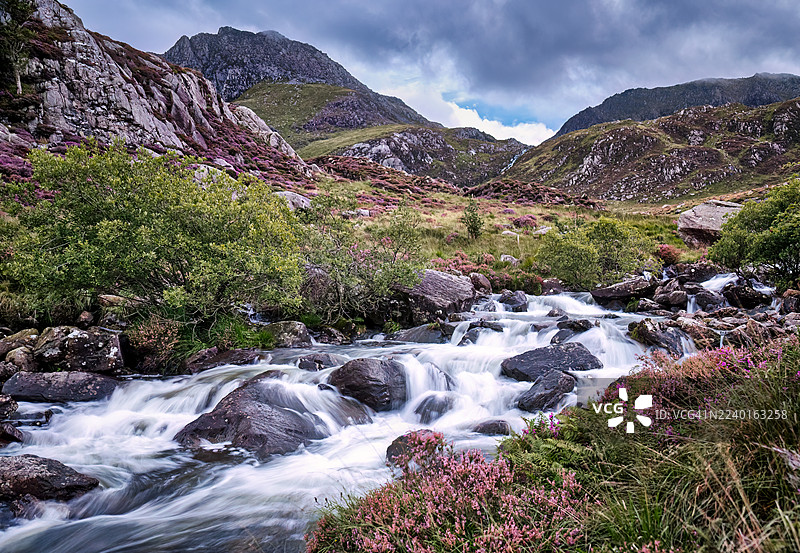 威尔士首个国家自然保护区 Cwm Idwal 的瀑布和石楠花,这里是一个冰川湖,周围环绕着壮观的格莱德劳山脉和崎岖的特里凡山,位于威尔士。图片素材