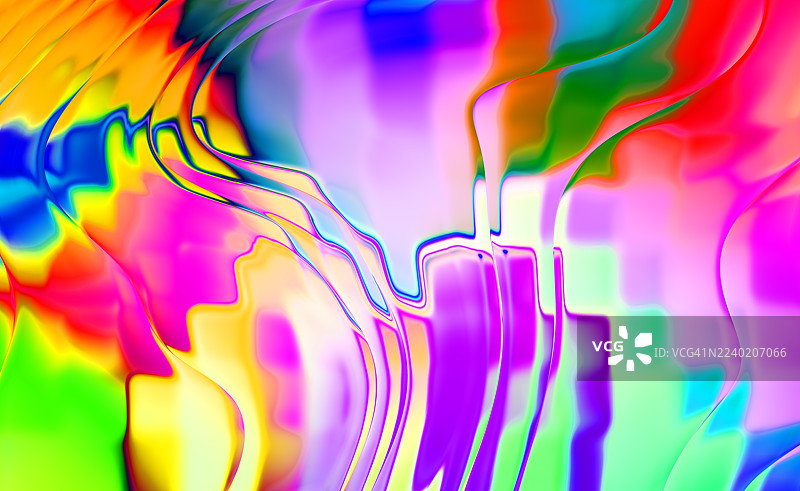 充满活力的霓虹抽象背景，带有波浪彩色线条。充满活力的抽象艺术作品，具有明亮的霓虹色彩和粉色、绿色、蓝色和黄色融合的流畅波浪线条。图片素材