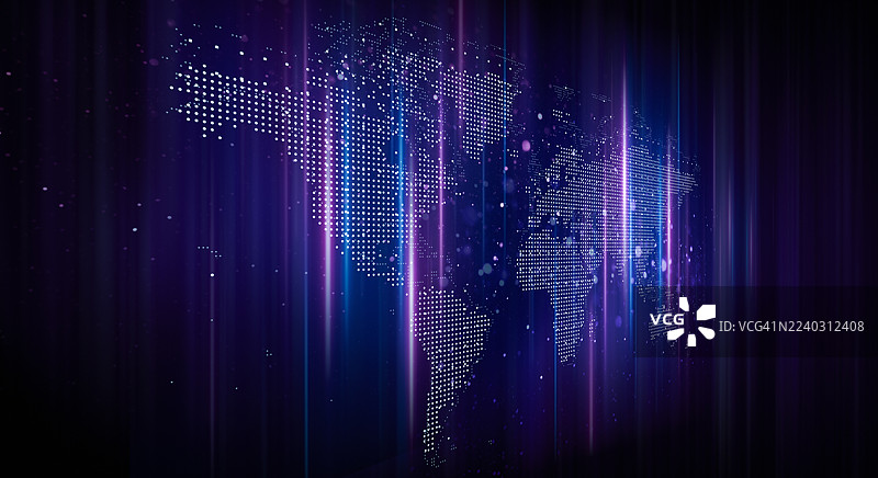 数字世界地图，带有发光点和未来光束图片素材