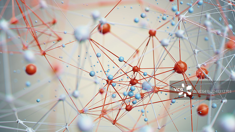 抽象的红蓝节点和连接网络，用于科学技术和数据可视化图片素材