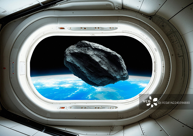 从太空飞船窗户看到的が小行星,插画图片素材